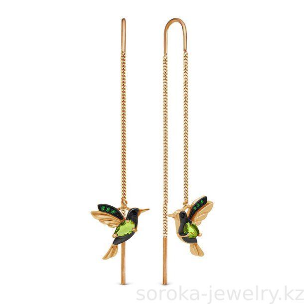 Серьги из золоченого серебра Колибри цвет хризолит протяжки (5190000825798 )